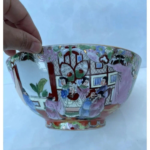 Antique Chinese Family Rose Medallion Hand Painted Decorated Bowl Gold Trim - Picture 12 of 16
